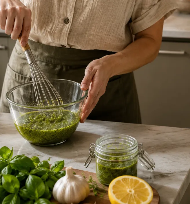 Fresh greens being whisked into sauce